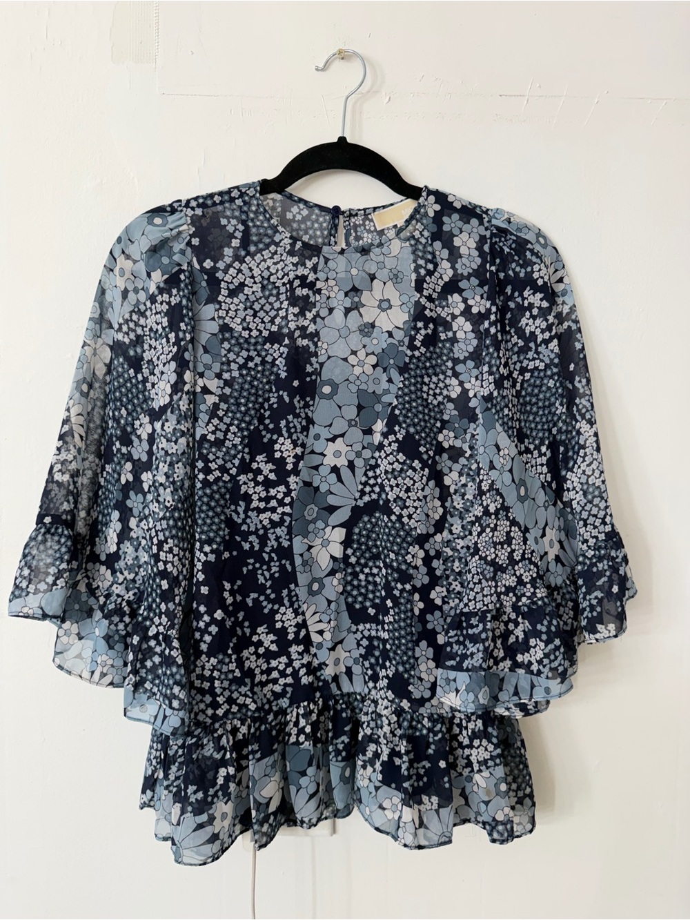 Michael Kors Navy and Light Blue Floral Chiffon Blouse
